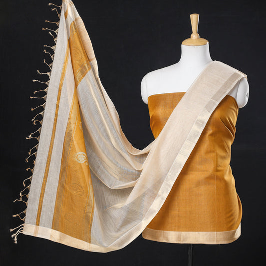Yellow - 2pc Maheshwari Silk Tissue Zari Handloom Suit Material Set