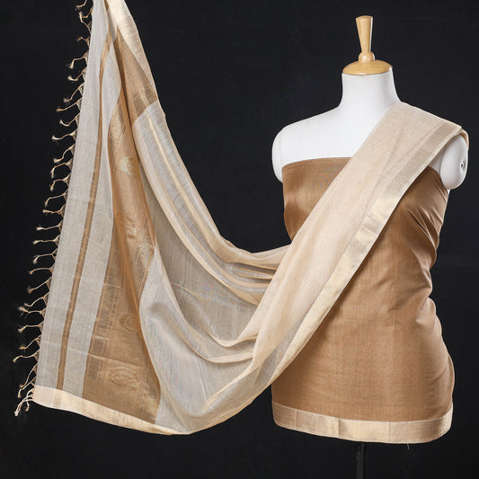 Brown - 2pc Maheshwari Silk Tissue Zari Handloom Suit Material Set