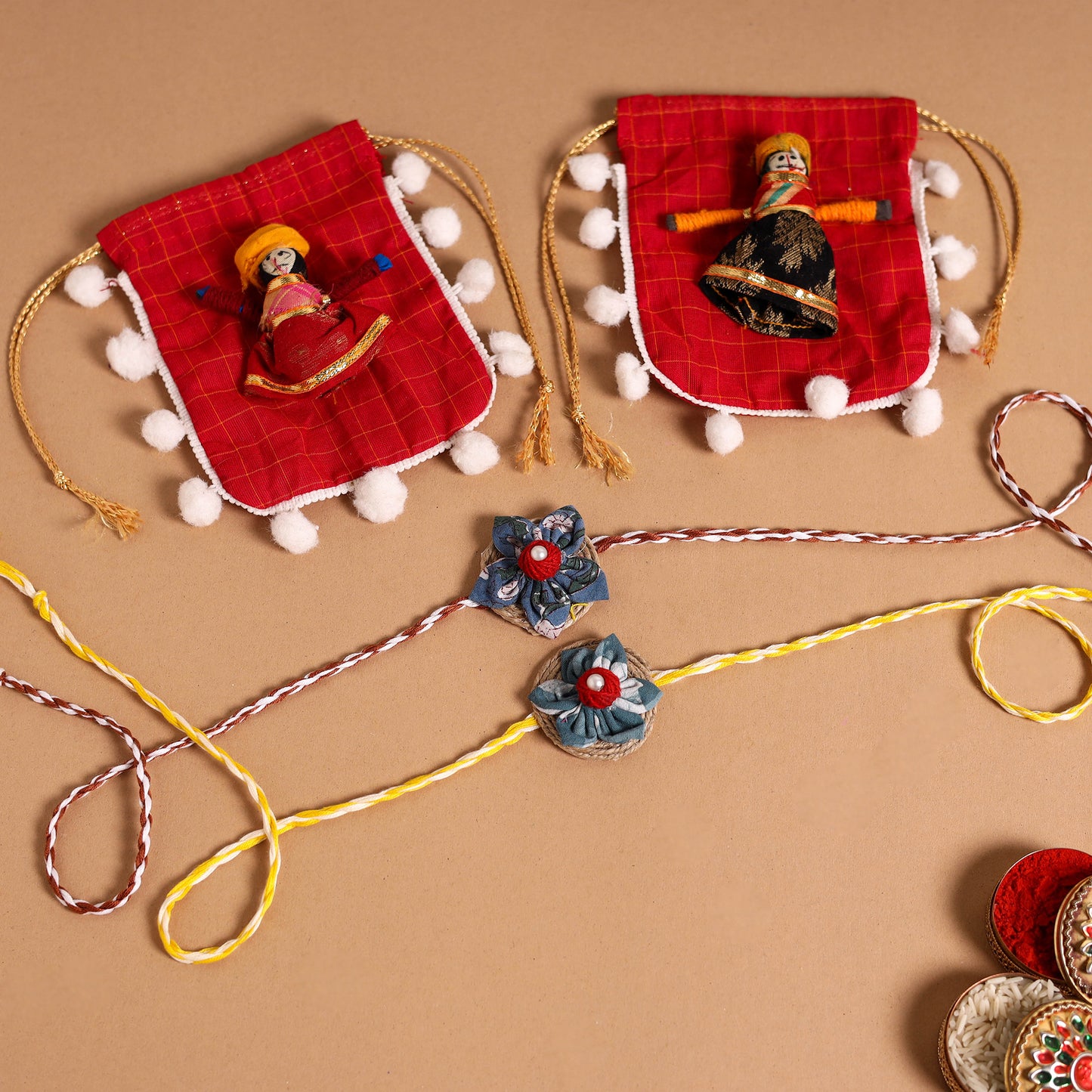  Handmade Fabric Flower Jute Rakhi (Set of 2)