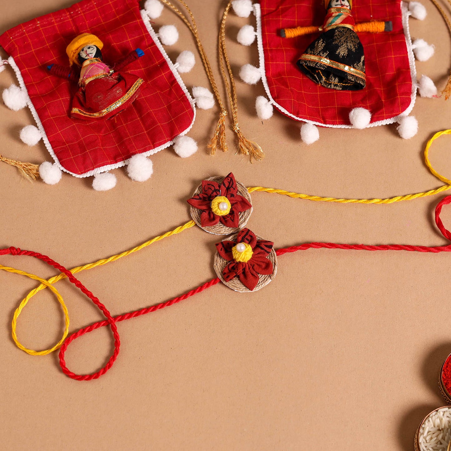  Handmade Fabric Flower Jute Rakhi (Set of 2)