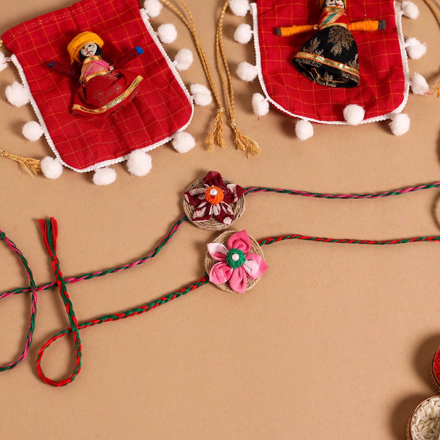  Handmade Fabric Flower Jute Rakhi (Set of 2)