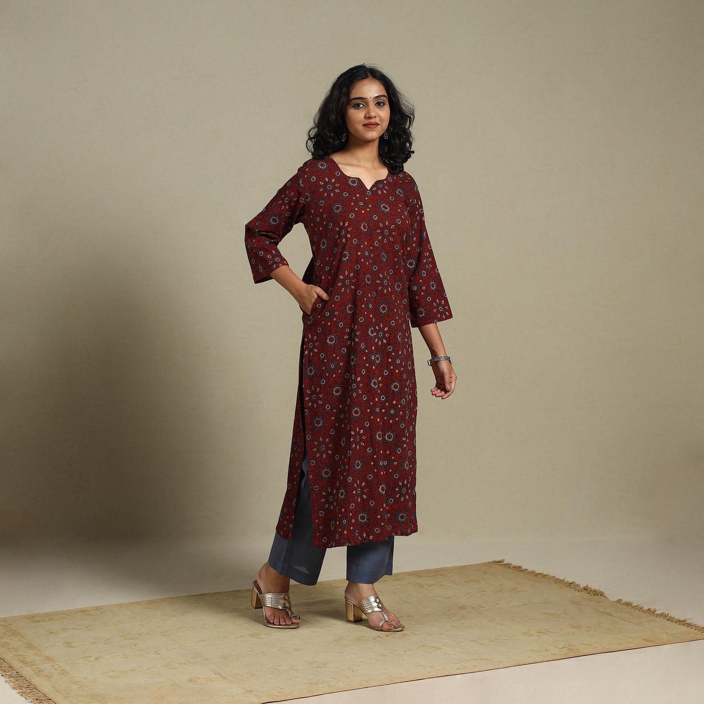 Natural dyed cotton straight kurta 07 - s - handcrafted