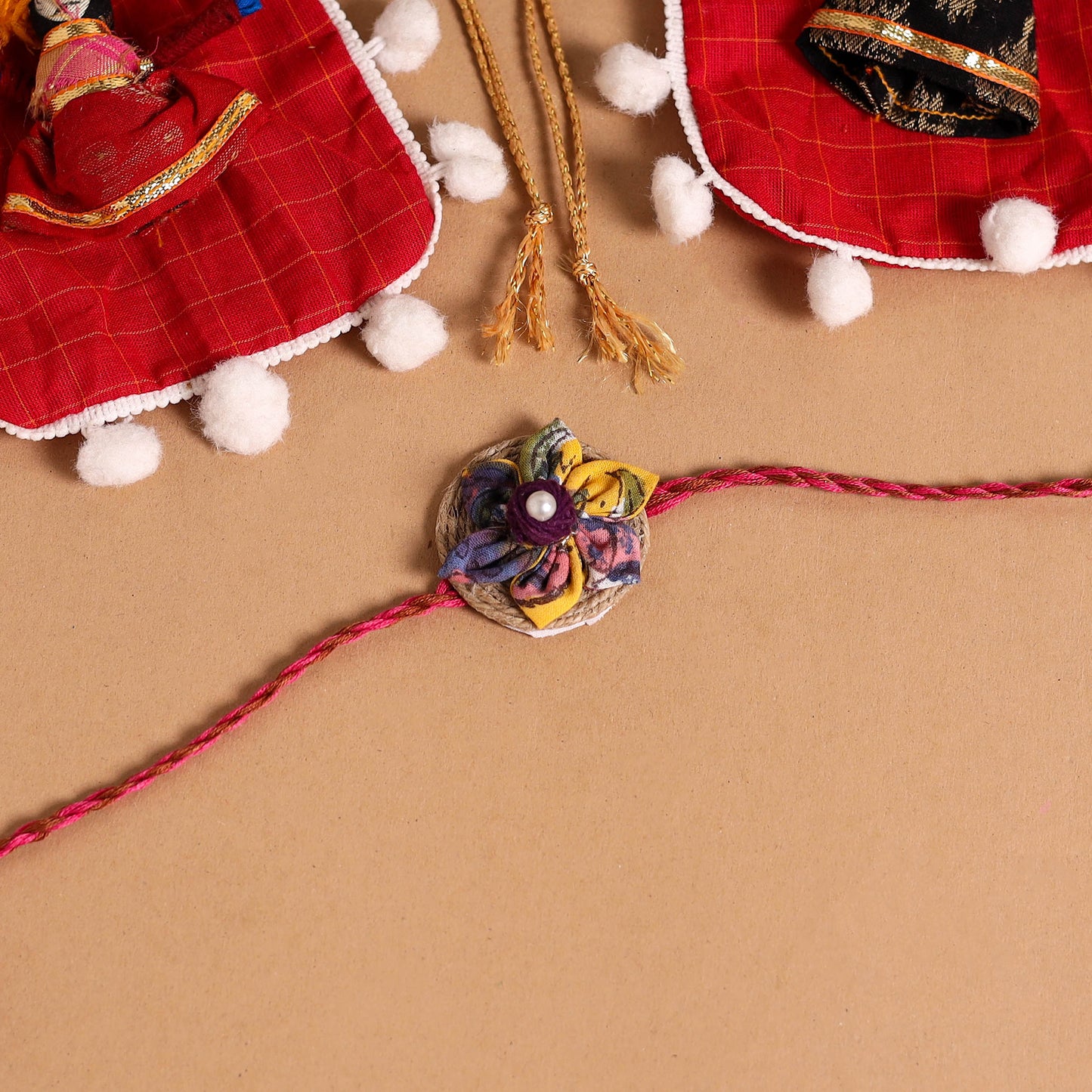  Handmade Fabric Flower Jute Rakhi (Set of 2)
