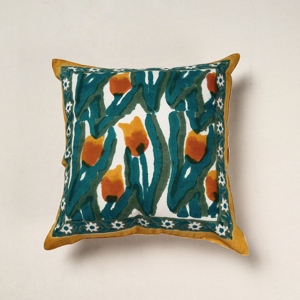 Green - Tulip Flowers Sanganeri Block Printed Cotton Cushion Cover (16 x 16 in)