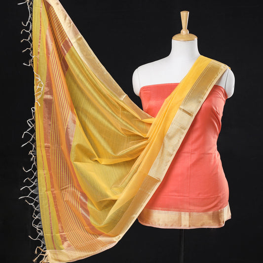 Orange - 2pc Maheshwari Silk Handloom Zari Suit Material Set
