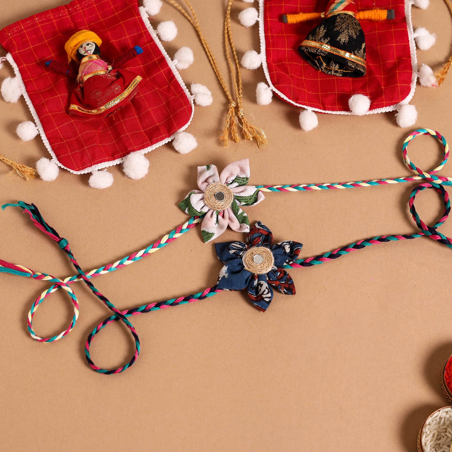  Handmade Fabric Flower Jute Rakhi (Set of 2)