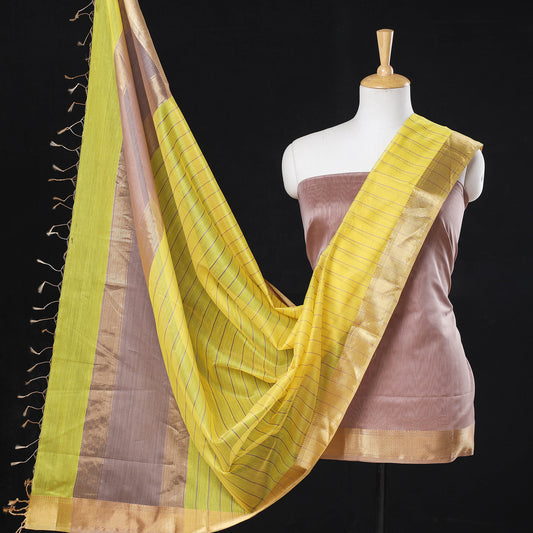 Brown - 2pc Maheshwari Silk Handloom Zari Suit Material Set