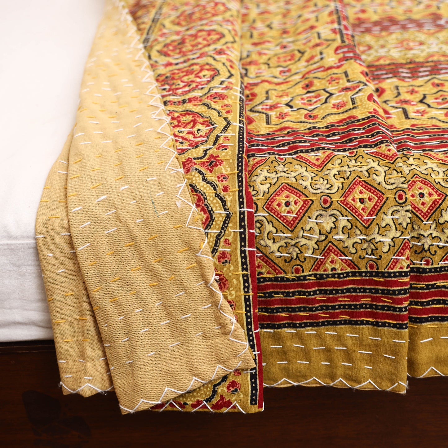 Yellow - Ajrakh Hand Block Print Tagai Work Double Bedsheet (108 x 90 in) 14