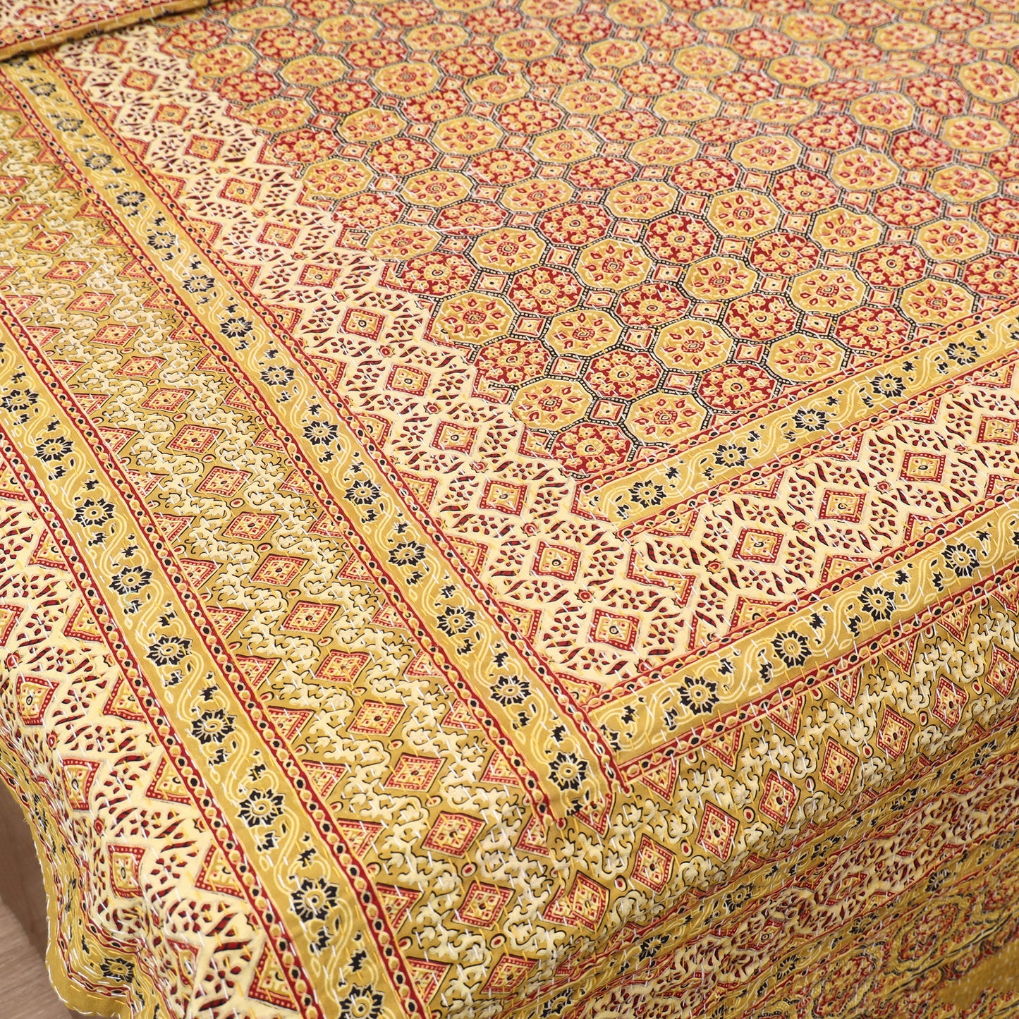 Yellow - Ajrakh Hand Block Print Tagai Work Double Bedsheet (108 x 90 in) 15