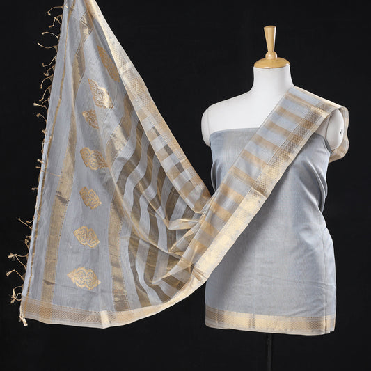 Blue - 2pc Maheshwari Silk Tissue Zari Handloom Suit Material Set