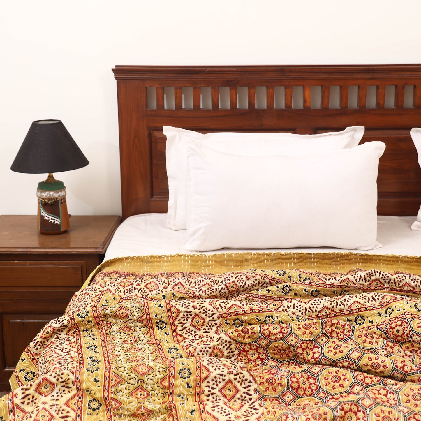 Yellow - Ajrakh Hand Block Print Tagai Work Double Bedsheet (108 x 90 in) 15