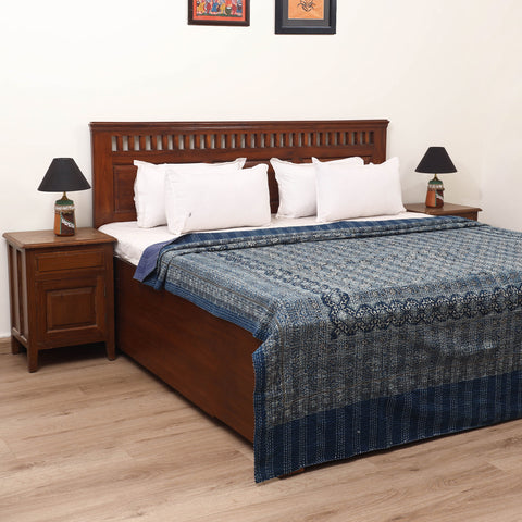 Blue - Ajrakh Hand Block Print Tagai Work Double Bedsheet (108 x 90 in) 17
