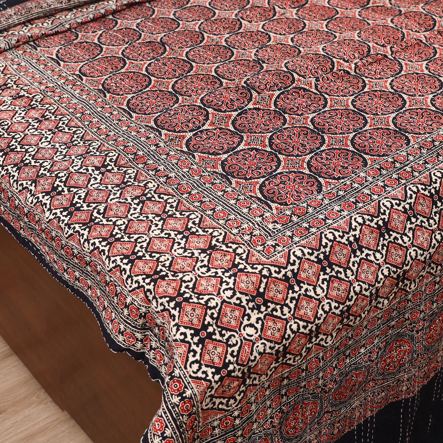 Ajrakh Hand Block Print Tagai Work Double Bedsheet (108 x 90 in) 18