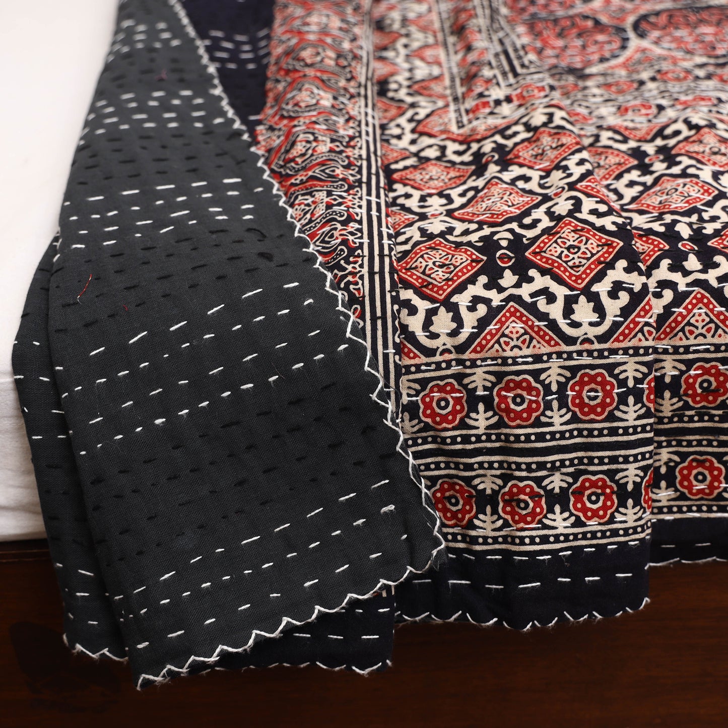 Ajrakh Hand Block Print Tagai Work Double Bedsheet (108 x 90 in) 18