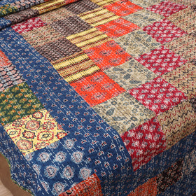 Multicolor - Ajrakh Hand Block Print Patchwork Tagai Work Double Bedsheet (108 x 90 in) 21