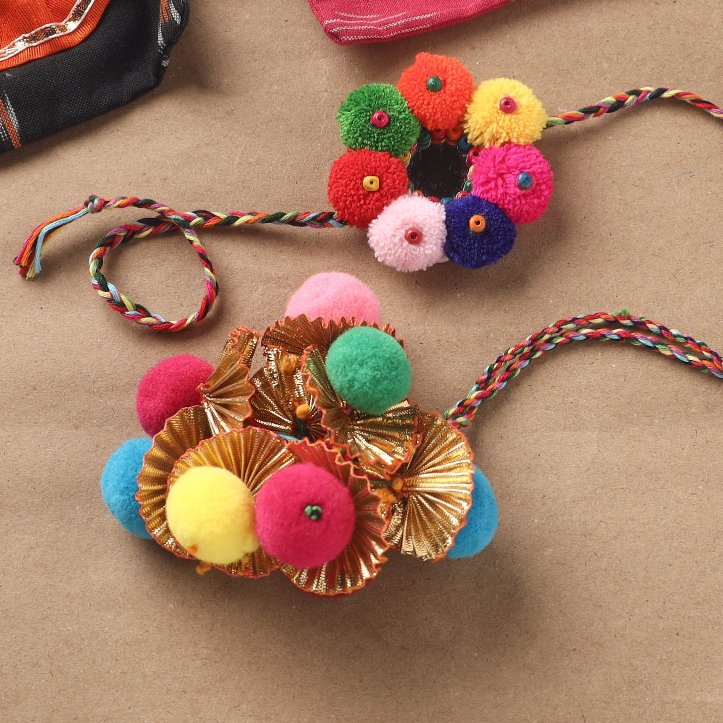 Handmade Pom Pom Beads Rakhi with Lumba Set 13