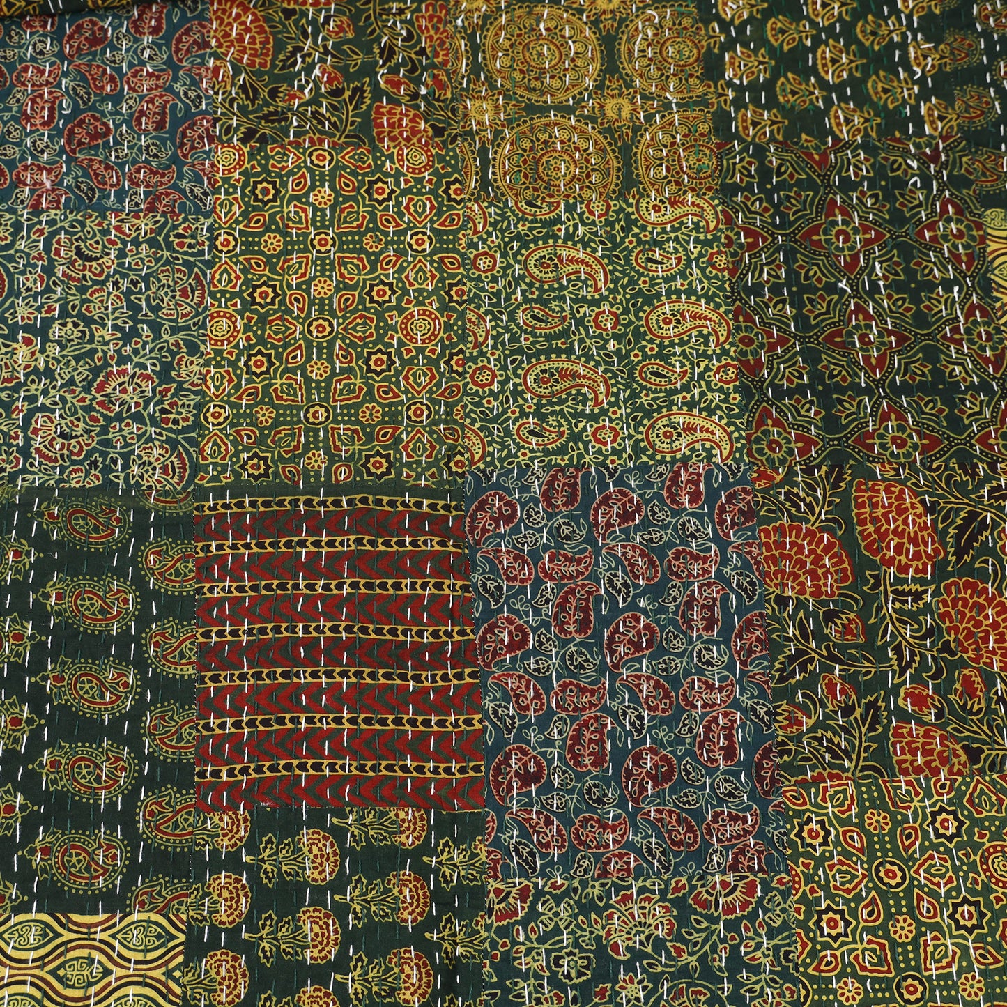 Green - Ajrakh Hand Block Print Patchwork Tagai Work Double Bedsheet (108 x 90 in) 22