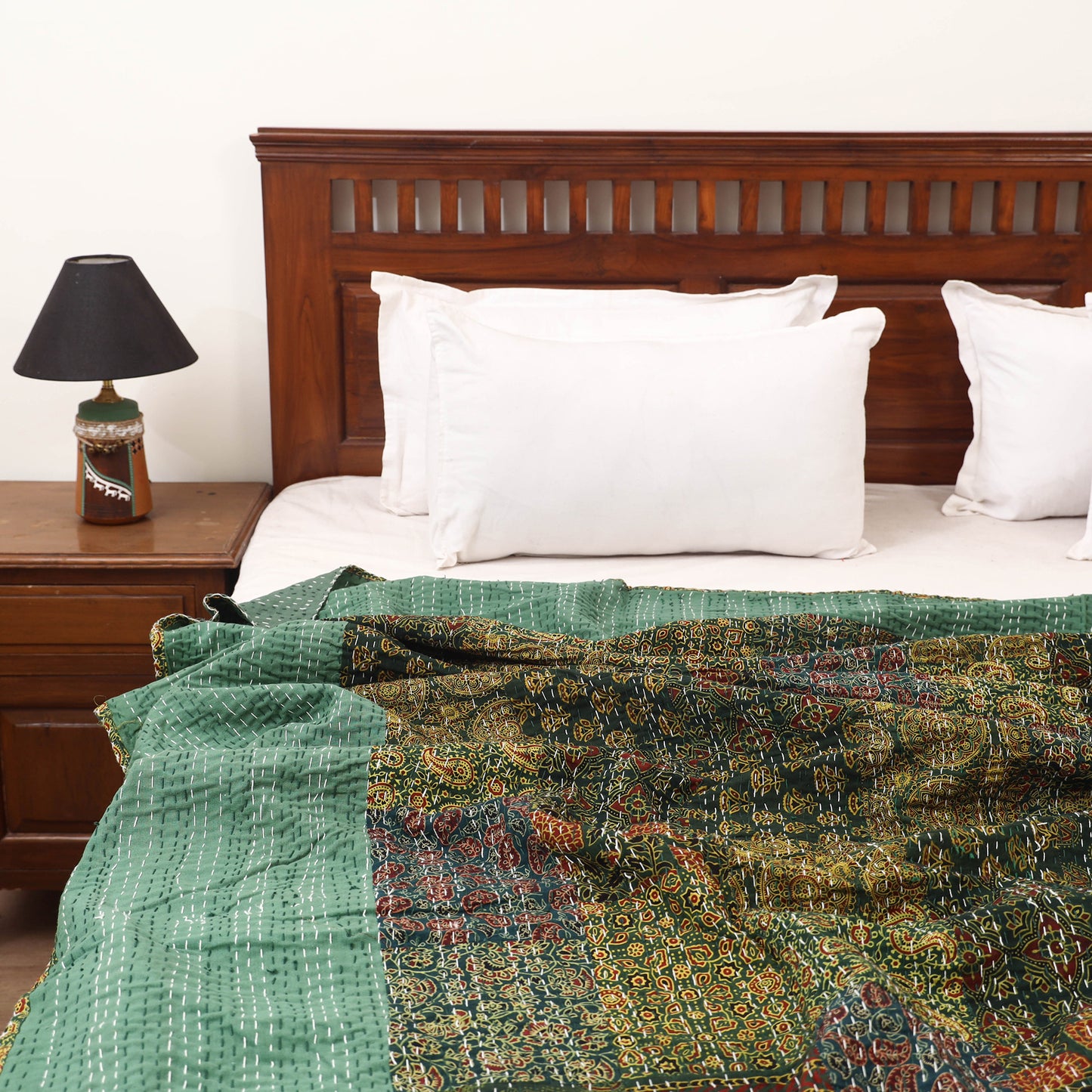Green - Ajrakh Hand Block Print Patchwork Tagai Work Double Bedsheet (108 x 90 in) 22