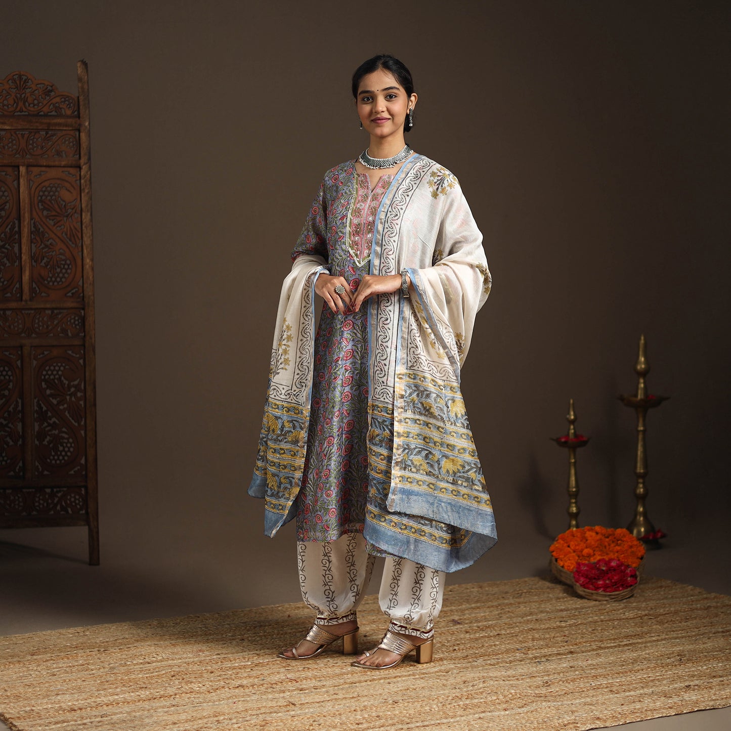 Blue - gota work chanderi silk sanganeri kurta set (set