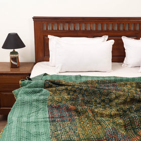 Green - Ajrakh Hand Block Print Patchwork Tagai Work Double Bedsheet (108 x 90 in) 22
