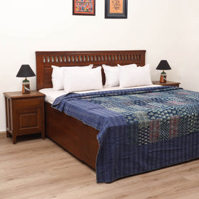 Blue - Ajrakh Hand Block Print Patchwork Tagai Work Double Bedsheet (108 x 90 in) 23