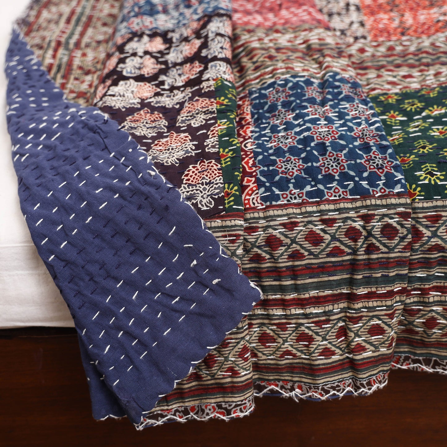 Multicolor - Ajrakh Hand Block Print Patchwork Tagai Work Double Bedsheet (108 x 90 in) 24