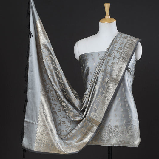 Grey - 3pc Banarasi Cutwork Zari Buta Dupion Silk Suit Material Set