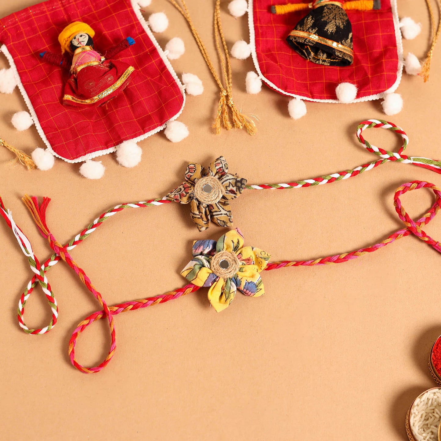  Handmade Fabric Flower Jute Rakhi (Set of 2)