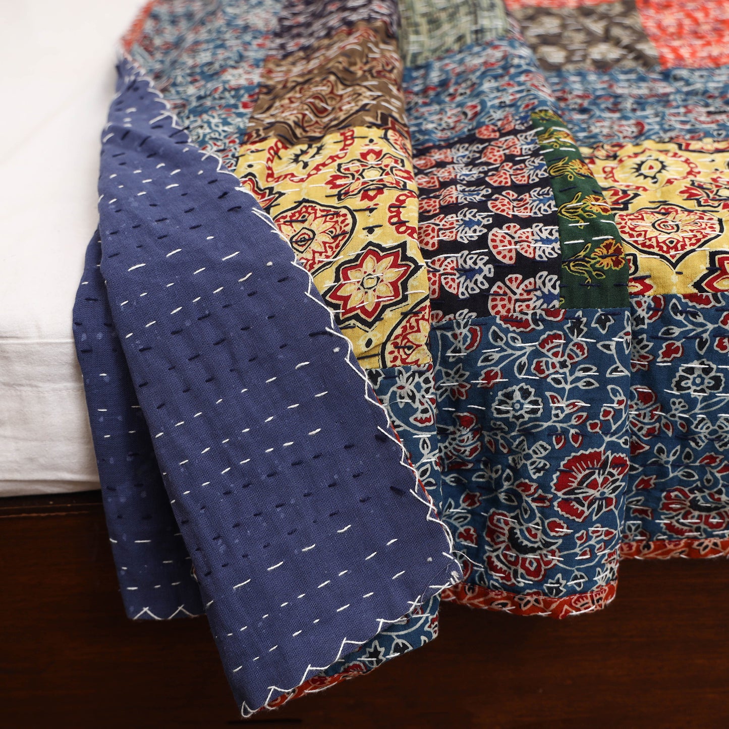 Ajrakh Hand Block Print Patchwork Tagai Work Double Bedsheet (108 x 90 in) 25