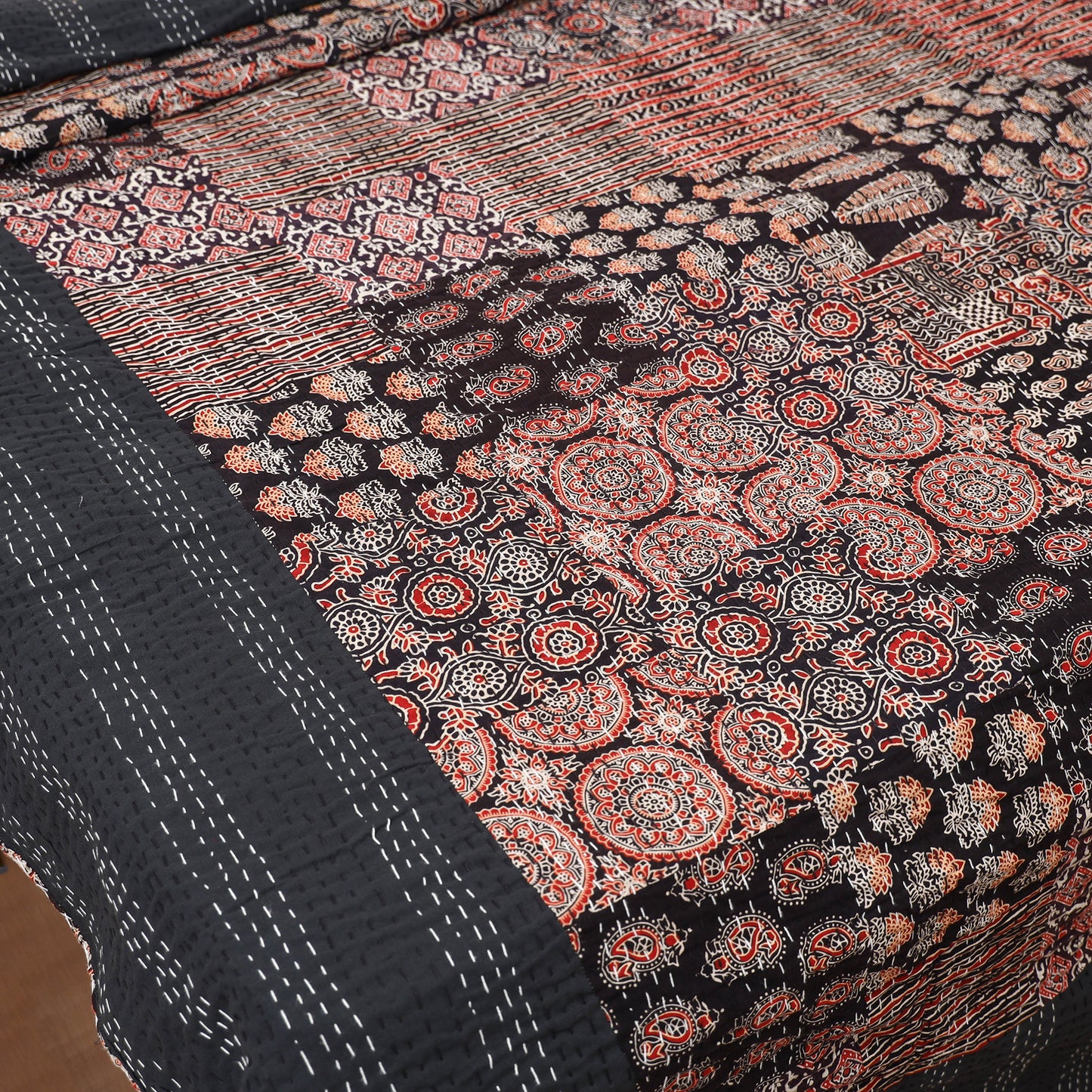 Ajrakh Hand Block Print Patchwork Tagai Work Double Bedsheet (108 x 90 in) 26