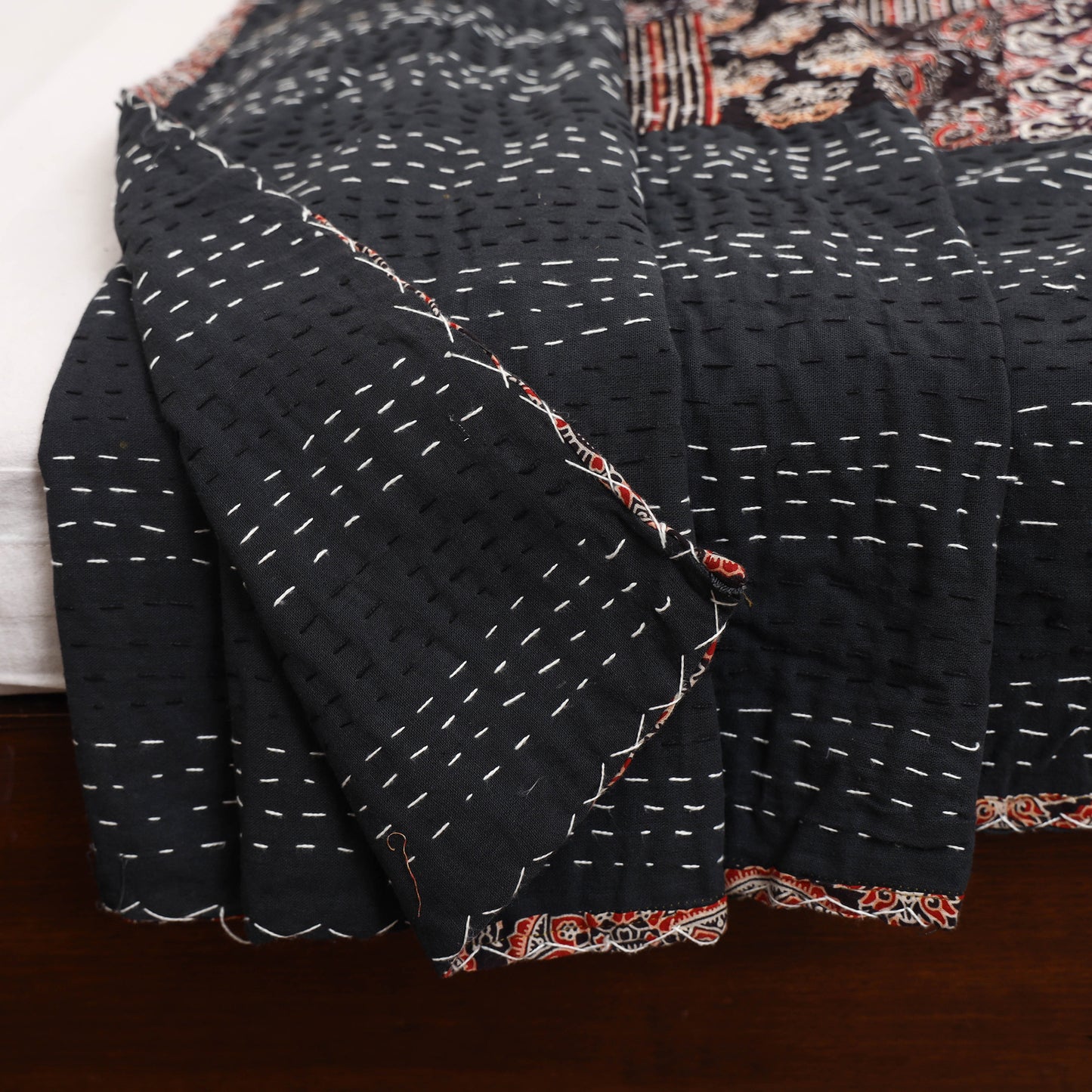 Ajrakh Hand Block Print Patchwork Tagai Work Double Bedsheet (108 x 90 in) 26