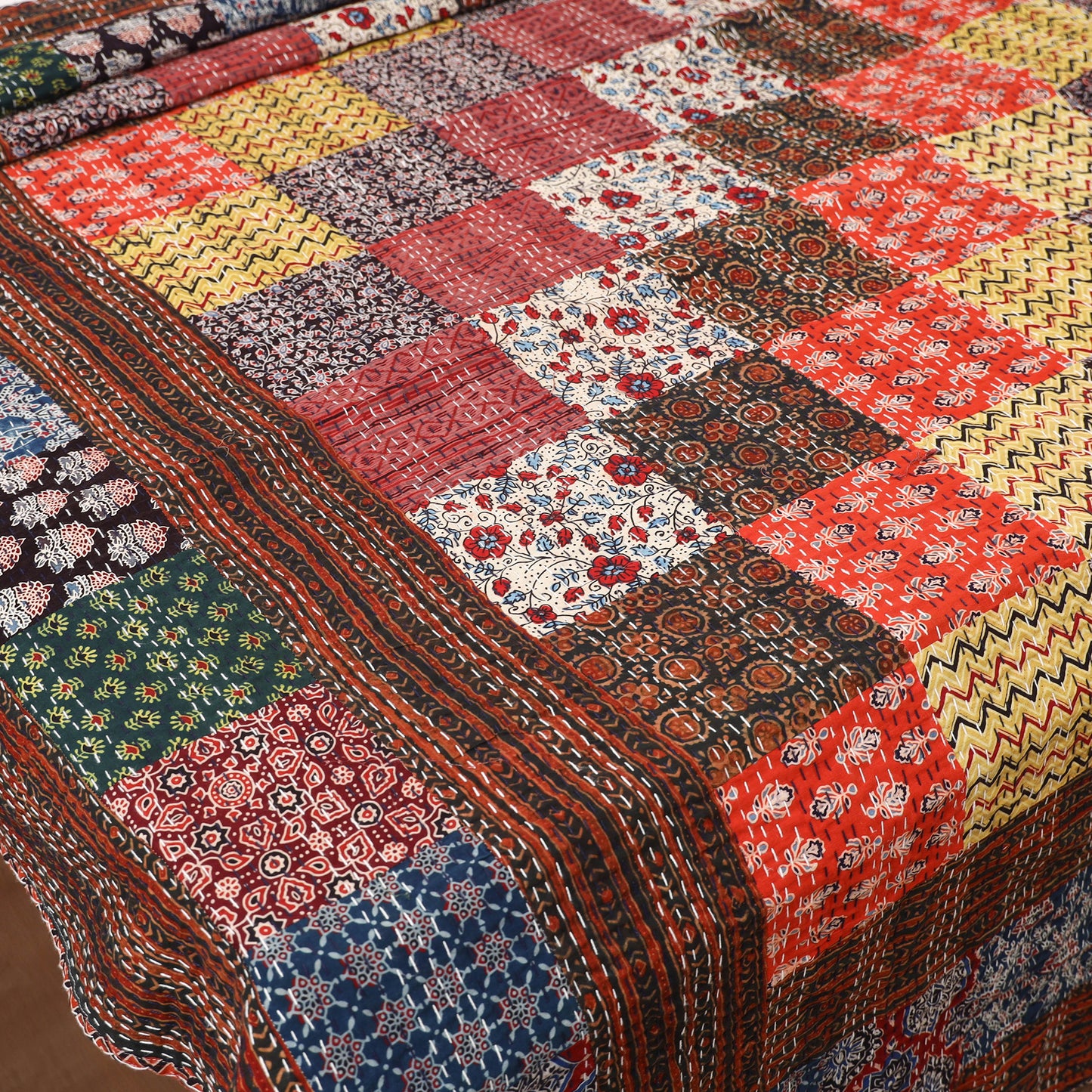 Ajrakh Hand Block Print Patchwork Tagai Work Double Bedsheet (108 x 90 in) 27