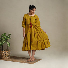  Yellow Tiered Fit & Flare Cotton Green Jacquard Dress