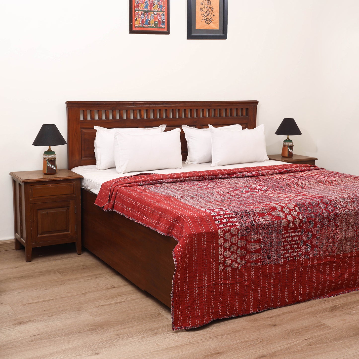 Ajrakh Hand Block Print Patchwork Tagai Work Double Bedsheet (108 x 90 in) 28