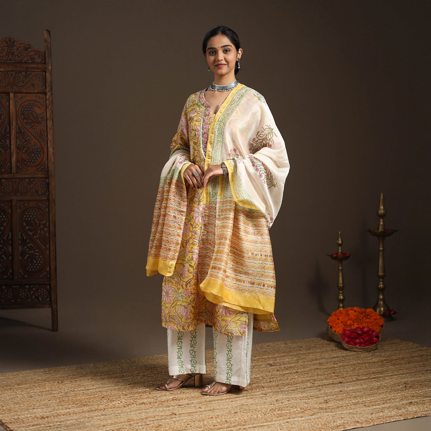 Yellow - gota work chanderi silk sanganeri kurta set (set