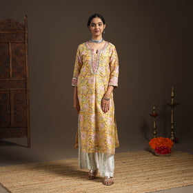 Yellow - gota work chanderi silk sanganeri kurta set (set