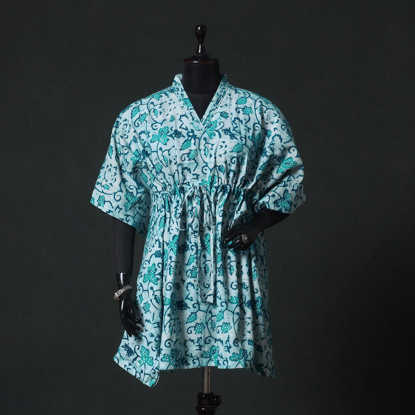 Green - Hand Block Batik Print Cotton Kaftan (Medium) 59