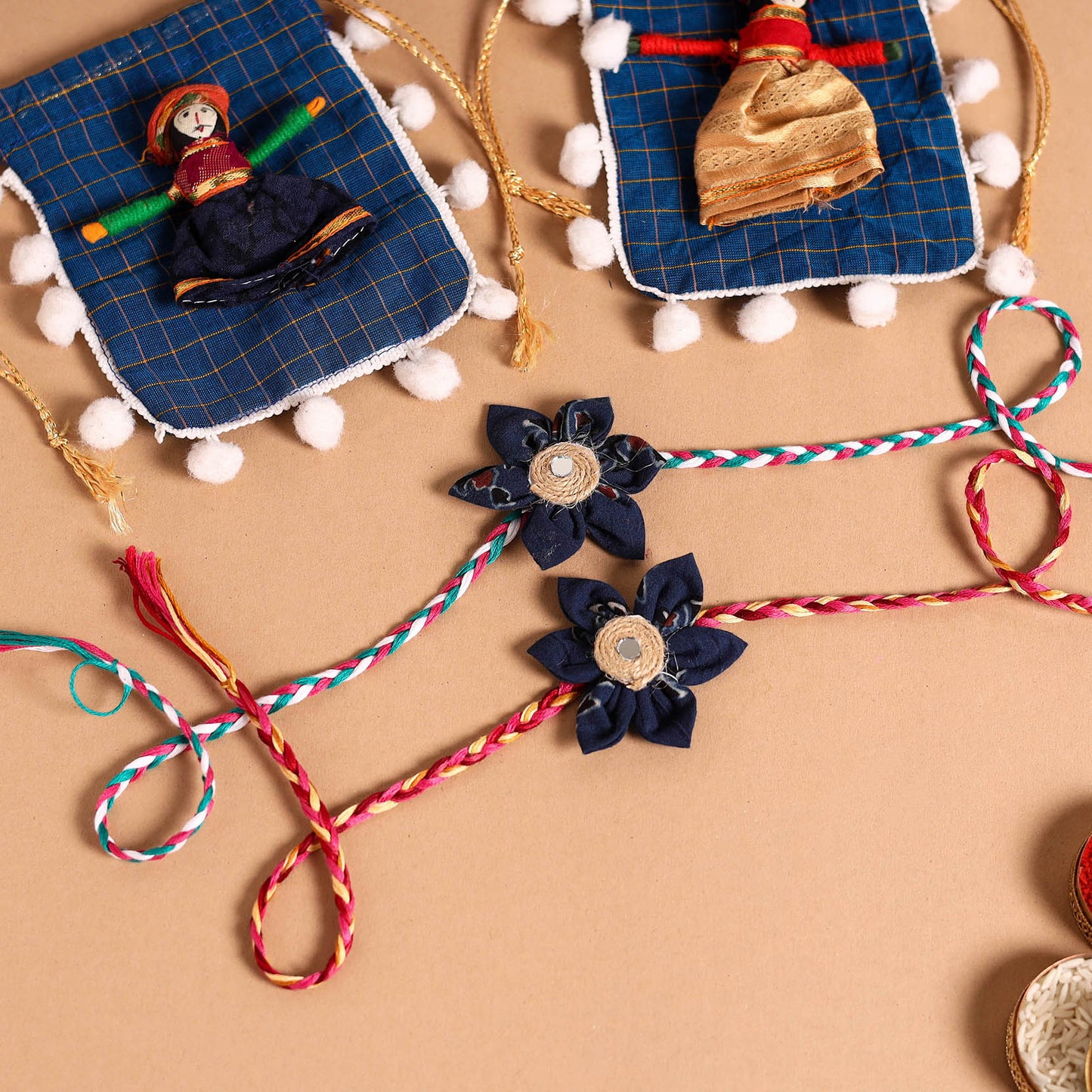  Handmade Fabric Flower Jute Rakhi (Set of 2)