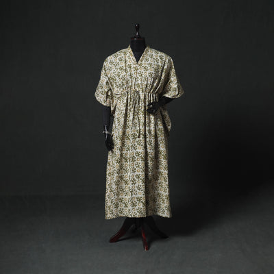 Green - Hand Block Batik Print Cotton Kaftan (Long) 04