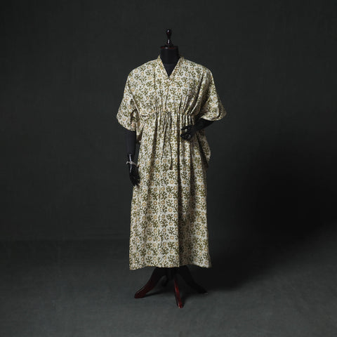 Green - Hand Block Batik Print Cotton Kaftan (Long) 04