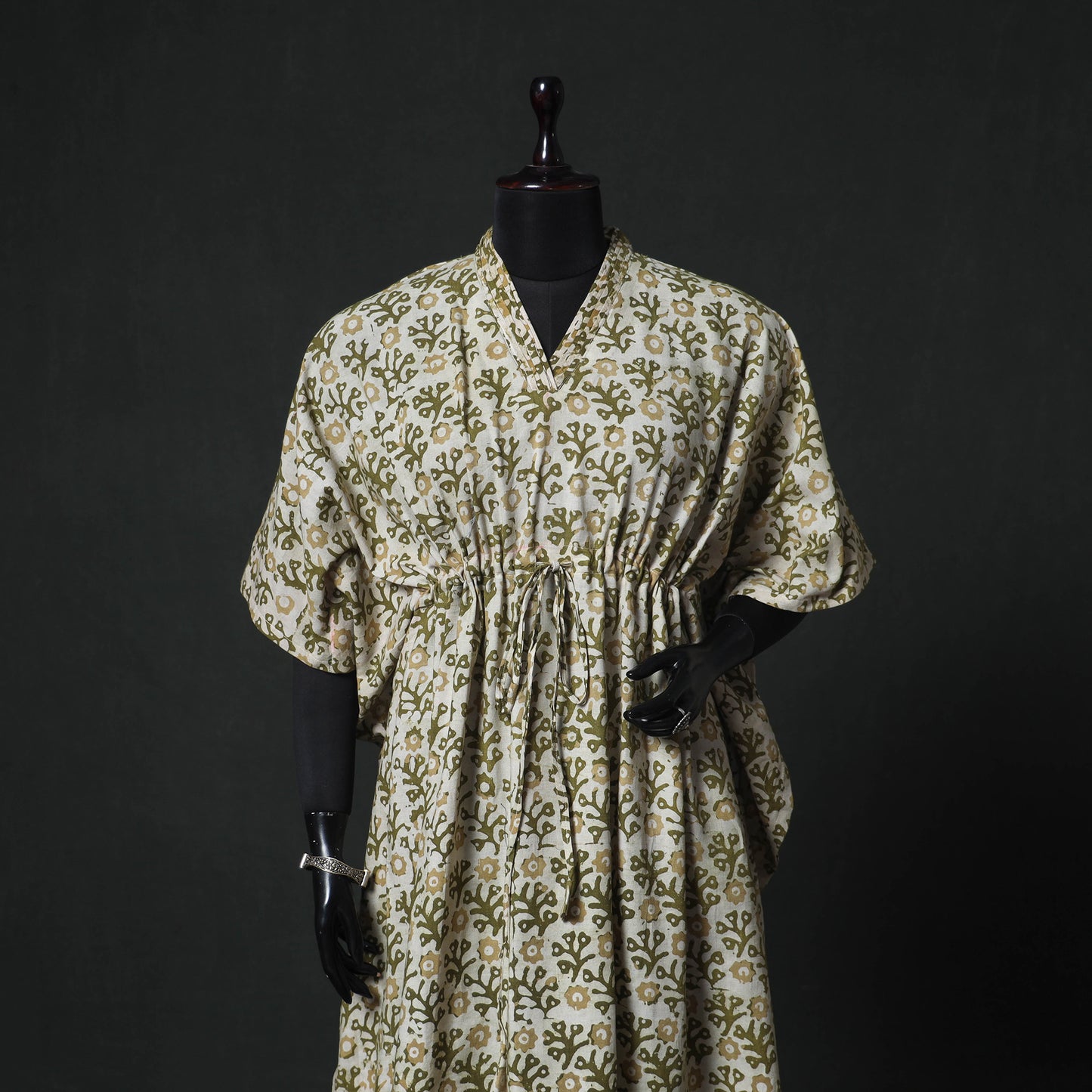 Green - Hand Block Batik Print Cotton Kaftan (Long) 04