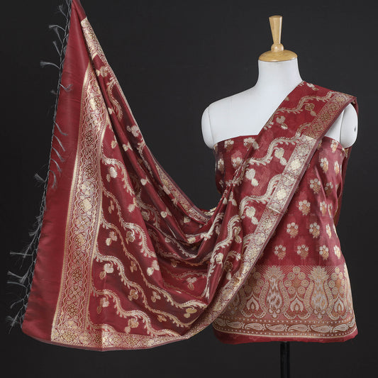 Maroon - 3pc Banarasi Cutwork Zari Buta Silk Cotton Suit Material Set