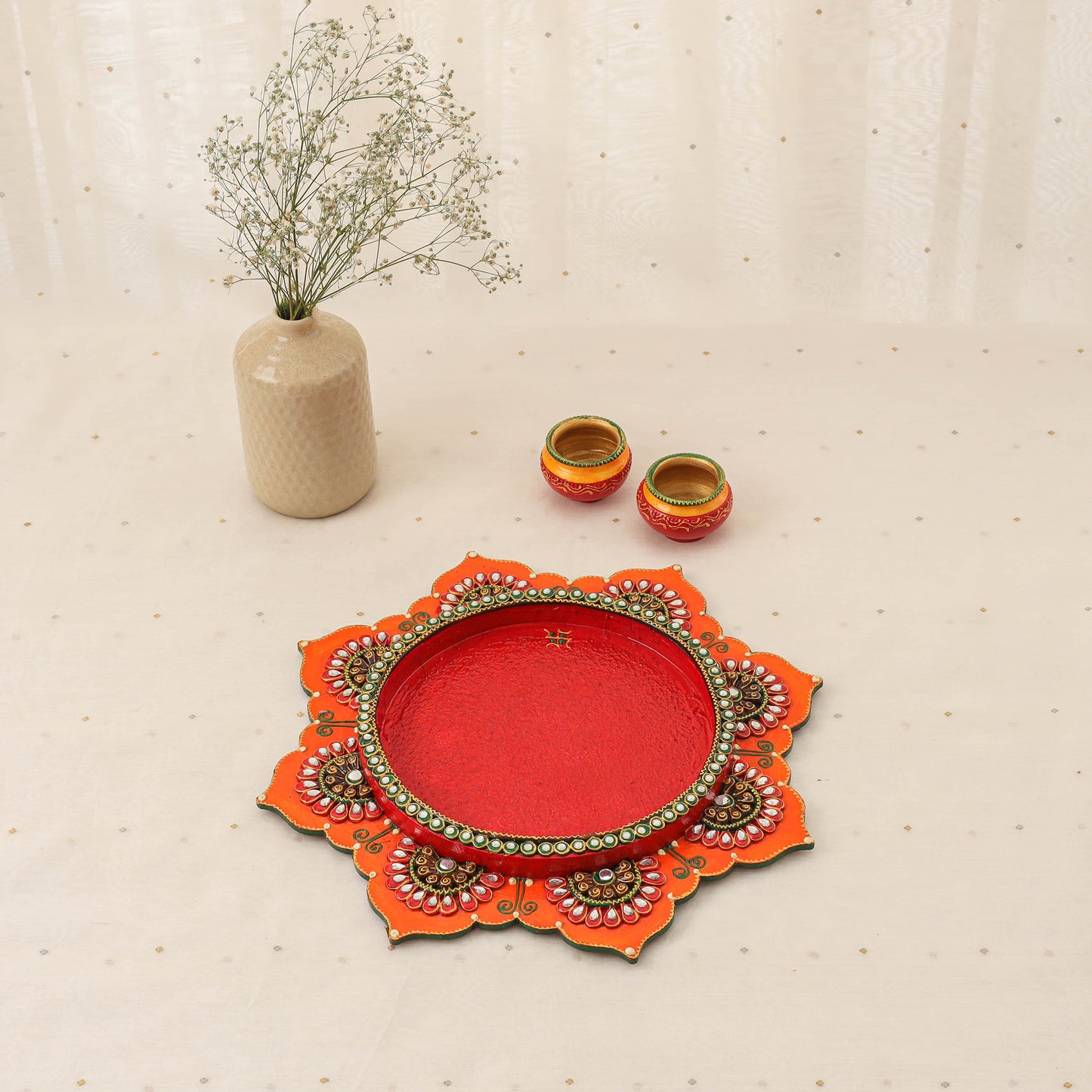 Diwali decor handpainted wooden lotus pooja thali 05