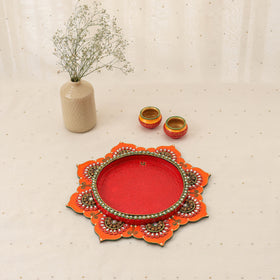 Diwali decor handpainted wooden lotus pooja thali 05