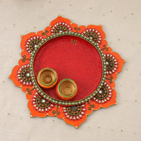 Diwali decor handpainted wooden lotus pooja thali 05