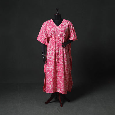 Pink - Hand Block Batik Print Cotton Kaftan (Long) 08