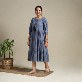 Yellow Tiered Fit & Flare Cotton Green Jacquard Dress