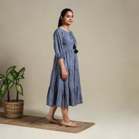 Yellow Tiered Fit & Flare Cotton Green Jacquard Dress