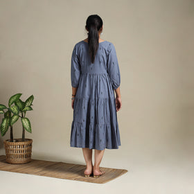 Yellow Tiered Fit & Flare Cotton Green Jacquard Dress