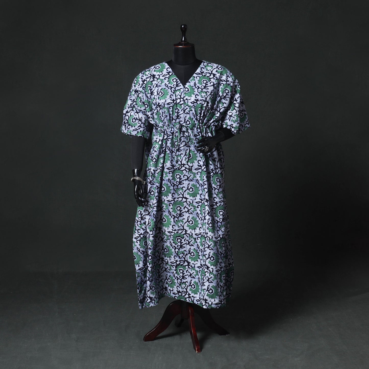 Green - Hand Block Batik Print Cotton Kaftan (Long) 12